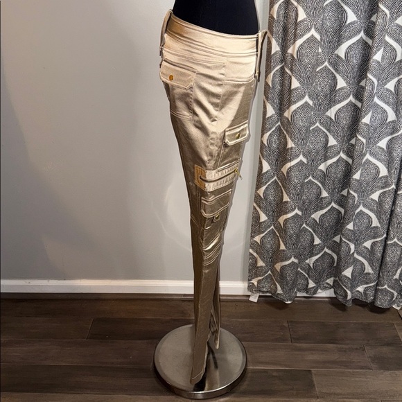 Cache Vintage Y2K Deadstock Champagne Metallic Satin Low Rise Cargo Flares SZ 6 - Picture 7 of 10
